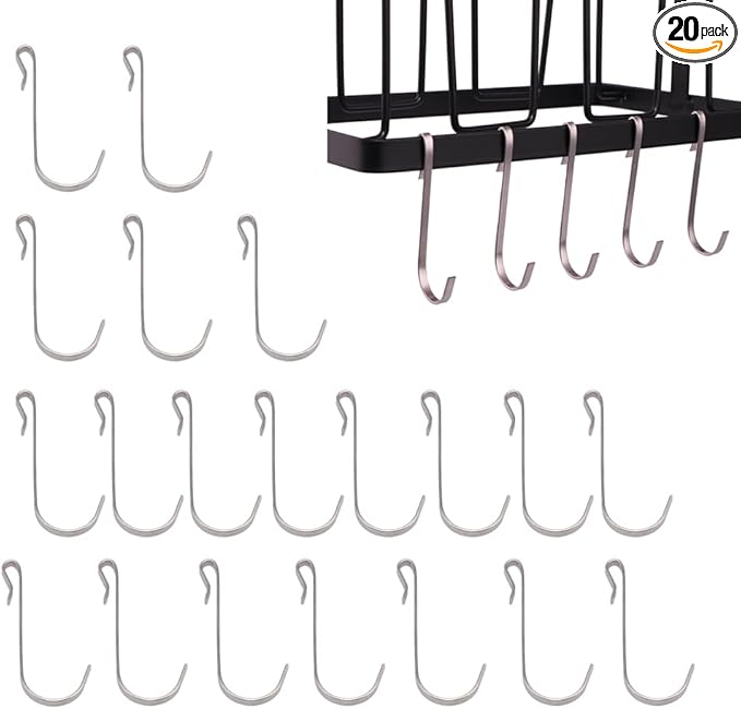 20 PCS Stainless Steel J-Shaped Hanger Hooks - Heavy Duty Wire Rack Hooks, Multi-Purpose Hanging Sink Grid Hooks for Kitchen, Bathroom, Closet Organization.