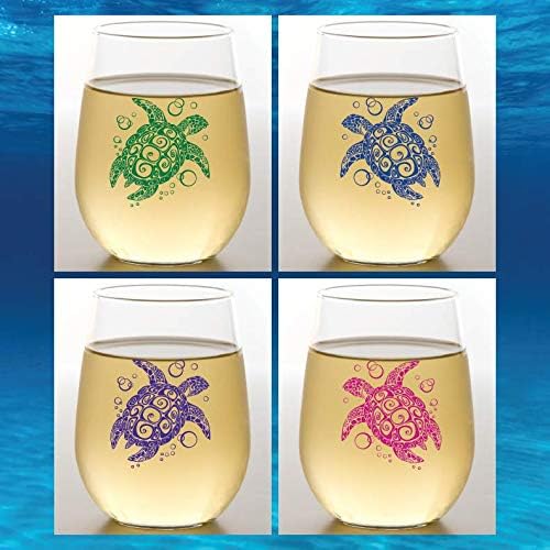 Set of 4 Shatterproof Designer 16 oz Plastic Wine Glasses MADE in the USA (SEA TURTLE SWIRLS)