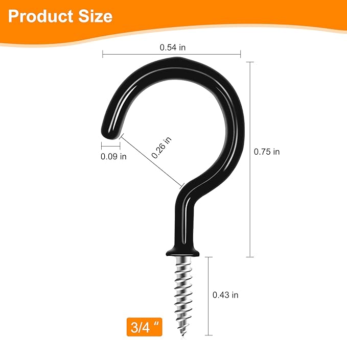 Cup Screw Hooks,3/4 inch Vinyl Coated Ceiling Hooks,160 Pack Screw in Plant Hanger Hooks,Wind Chimes Hook Kitchen Cup Hook Great for Hanging Indoor & Outdoor Use(Black)
