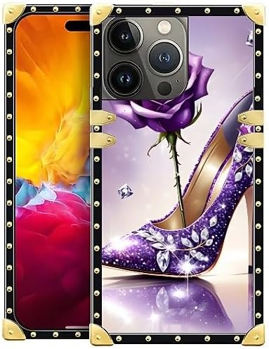 Compatible with iPhone 15 Pro Max Case, High Heeled Purple Diamond Rose Luxury Golden Decoration for Girl Women Soft TPU Shockproof Protective Hard PC Back for iPhone 15 Pro Max