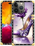 Compatible with iPhone 15 Pro Max Case, High Heeled Purple Diamond Rose Luxury Golden Decoration for Girl Women Soft TPU Shockproof Protective Hard PC Back for iPhone 15 Pro Max