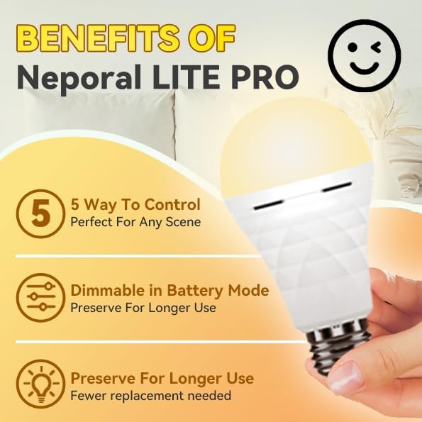 Neporal LITE PRO Rechargeable Light Bulbs, 2600mAh Large Battery Backup Light Bulbs, Perfect As Emergency Lights for Home, Hurricane Prepareness Item, E26/E27 (Soft White-2600mAh)