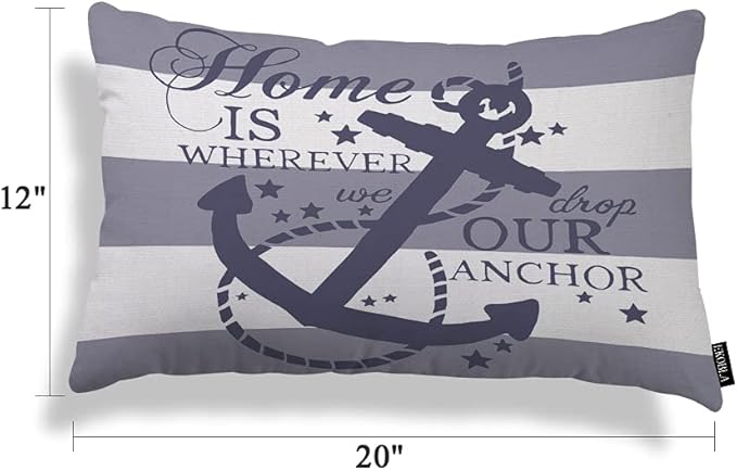 EKOBLA Nautical Pillow Covers Home is Wherever We Drop Our Anchor Waist Lumbar Cotton Linen Cushion Cover Oblong Rectangle Pillowcase for Men Women Home Decoration Bedroom 12x20 Inches