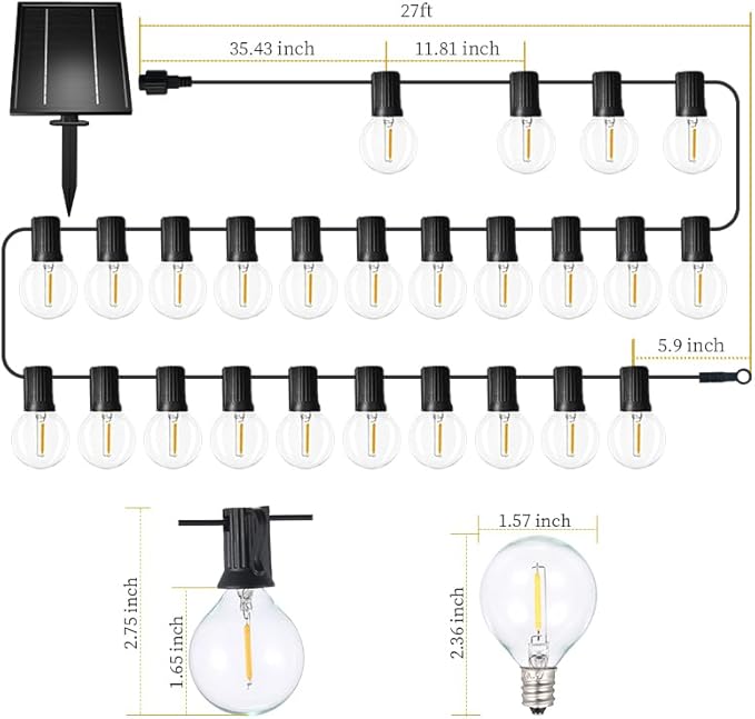 Sunlitec Solar String Lights Waterproof LED Indoor/Outdoor Hanging Umbrella Lights with 30 Bulbs - 50 Ft Patio Light for Deckyard Tents Market Cafe Gazebo Porch Party Decor