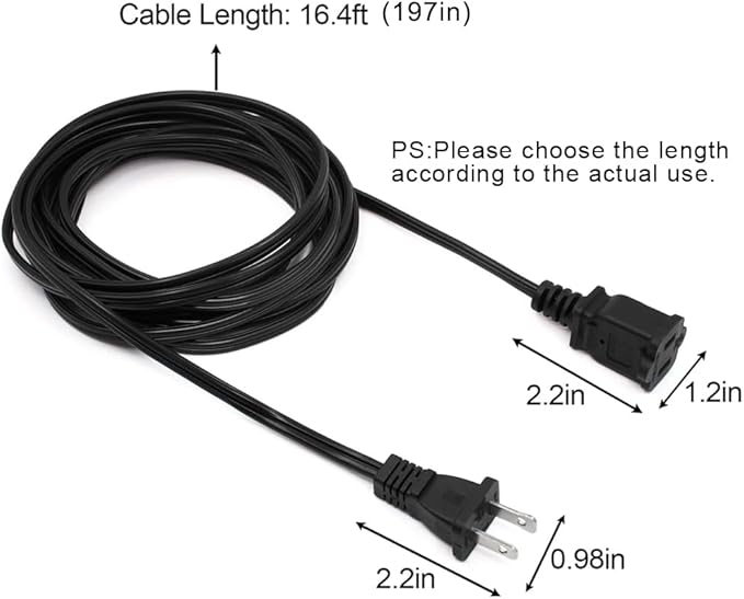 Long 2 Prong Extension Power Cord 16.5FT, Polarized Plug Flexible Power Cable, US Male/Female Power Cable for NEMA 5-15P to NEMA 5-15R, UL Listed Perfect for Home, Office or Christmas Lights