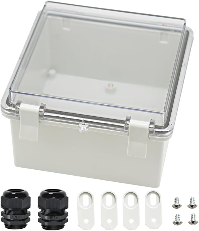 Zulkit Junction Box ABS Plastic Dustproof Waterproof IP65 Electrical Boxes Hinged Shell Outdoor Universal Project Enclosure Clear Cover with 2 Cable Glands 5.9 x 5.9 x 3.5 inch (150x150x90 mm)