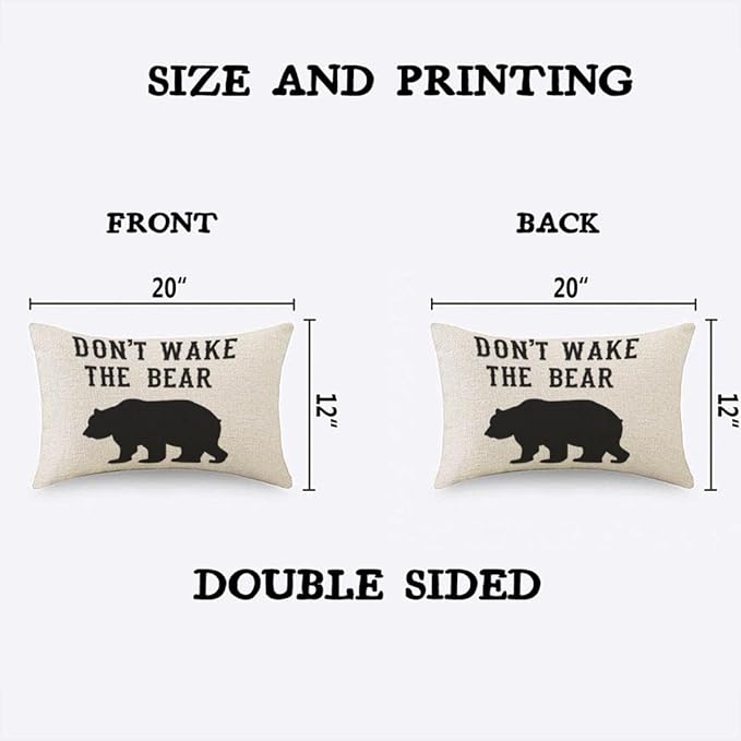 TKS MITLAN Don't Wake The Bear Decorative Pillow Covers Cool Animal Bear Black White Rustic Linen Throw Pillow Covers 12x20 Inch for Sofa Couch Decoration
