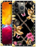Compatible with iPhone 15 Pro Max Case, Pink Golden Chain Tropical Flower Luxury Golden Decoration for Girl Women Soft TPU Shockproof Protective Hard PC Back for iPhone 15 Pro Max