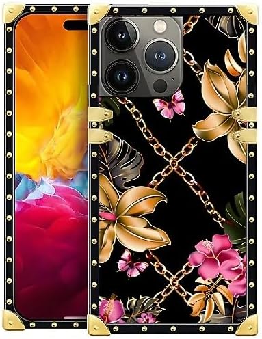 Compatible with iPhone 15 Pro Max Case, Pink Golden Chain Tropical Flower Luxury Golden Decoration for Girl Women Soft TPU Shockproof Protective Hard PC Back for iPhone 15 Pro Max