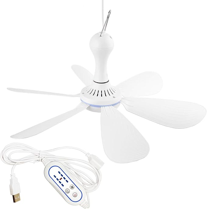 Portable Ceiling Fan USB Powered Canopy Fan with Speed Timer switch, Quiet Small DC USB Ceiling Fan Hanging Fan with 6 Blades for Camping Cruise RV Tent Gazebo Bed Dormitory Home Room