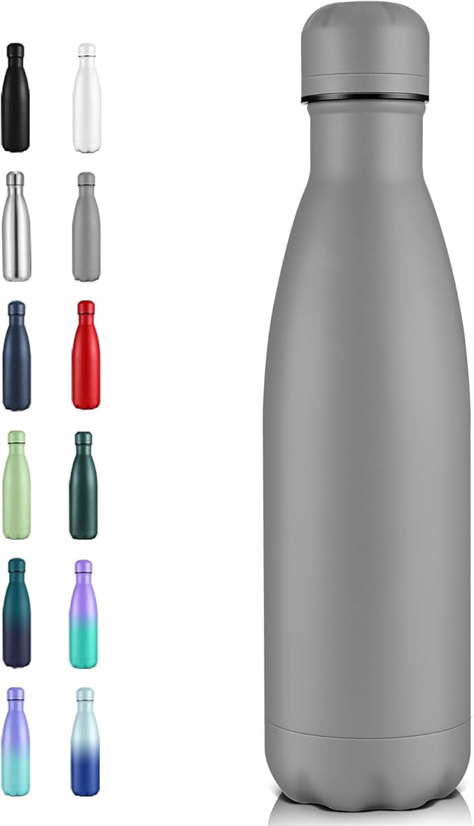 Volhoply 17oz Insulated Stainless Steel Water Bottle, Double Wall Vacuum Flask, Keeps Cold 24h & Hot 12h, Available in Packs of 1, 4, 8, or 12（Gray,1 Pack）