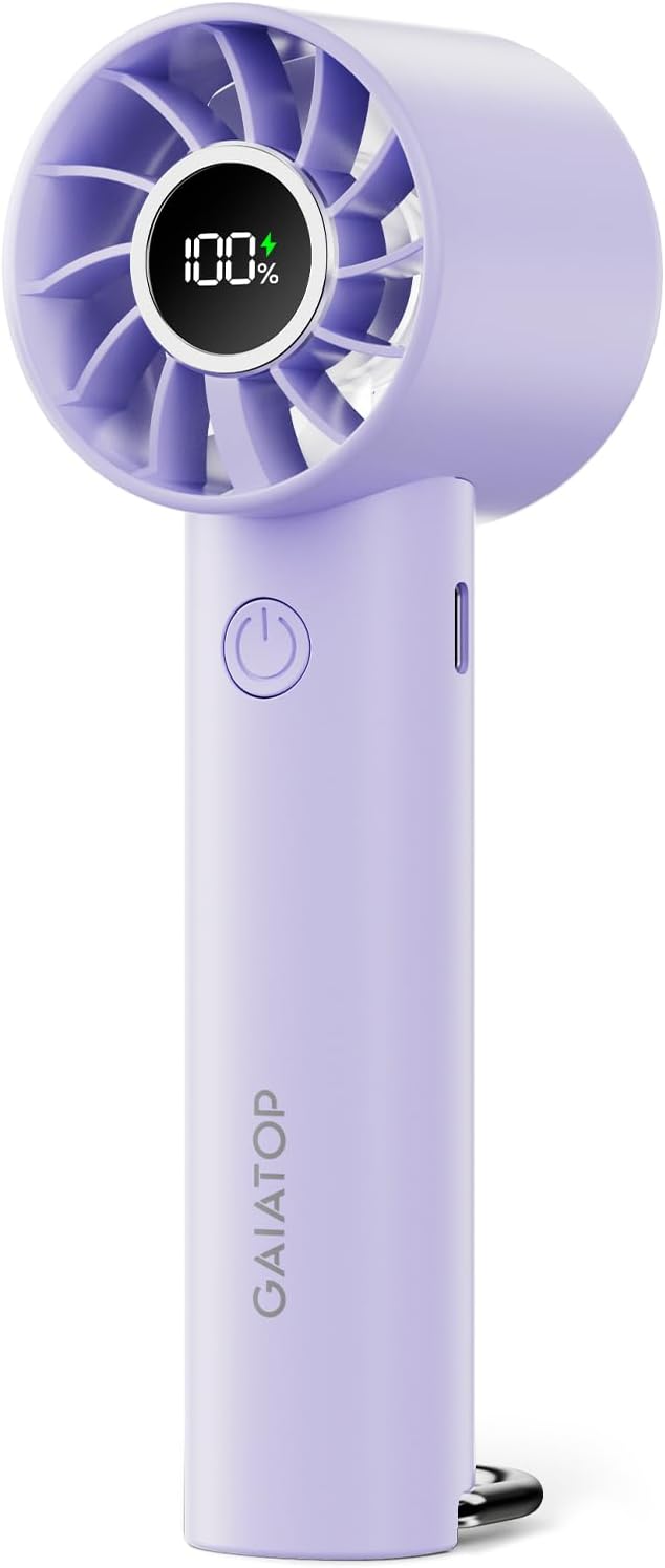 Gaiatop Portable Mini Fan, 3 Speed Handheld Fans with Power Display Flashlight, USB Rechargeable Battery, Lightweight Personal Cooling for Women Men Indoor Outdoor Travel Purple