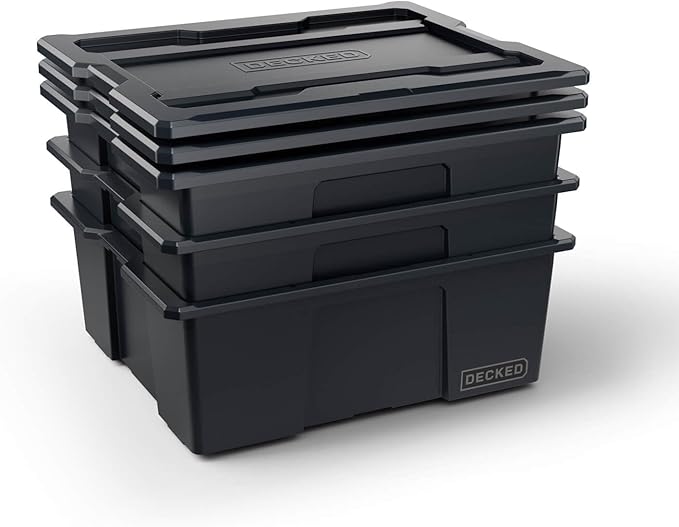 DECKED Payloader 32 L (3-Pack) - 75 lb Bin / 200 lb Lid Load Rated, Heavy-Duty Stackable Storage Bins, Fits Drawer System & Tool Box - Black