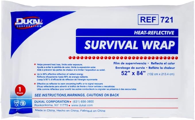 Dukal 721 Emergency Survival Blanket Mylar Wrap | Thermal Properties, Convenient Storage | Protection Against Wind, Rain, Sun | Diverse Functionality for Outdoor Enthusiasts & Responders | Pack of 1