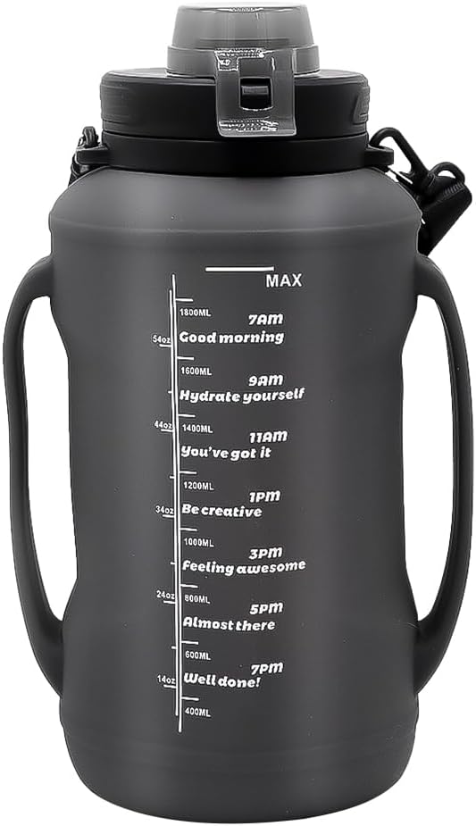 64oz Foldable Silicone Water Bottle with Straw, BPA-Free Motivational Time Marker, Leakproof Collapsible Water Jug with Handle for Gym, Sports, Camping & Outdoor Activities (Black)