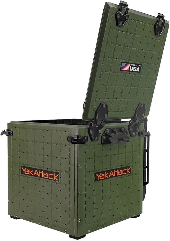 YakAttack BlackPak Pro Kayak Fishing Crate - Ranger Green | 13" x 13" Riggable Kayak Gear Storage System with Hinged Lid, GridLoc Mount Panels & 3 TetherTube Rod Holders | Lightweight Tankwell Crate
