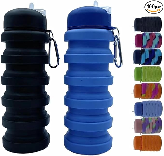 Collapsible Water Bottles 2 Pack 16oz(about 500ml), Travel Portable Sport Water Bottle, Silicone Foldable Water Bottles for Gym Camping Outdoor Hiking. (Black+Blue)