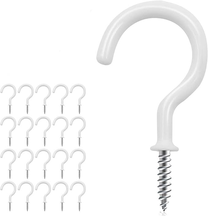 25 Pack Cup Screw Hooks,2 inch Vinyl Coated Ceiling Screw in Hooks Plant Hanger Wind Chimes Hooks Great for Hanging Indoor & Outdoor Use(White)