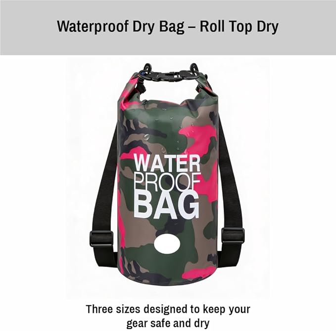 Waterproof Backpack Roll Top Dry Bag Set of 3 (2L 5L 10L) – PVC Dry Bags Waterproof for Kayaking, Camping, Beach & Travel – Floating Outdoor Dry Sack (Light Blue, Pink, Yellow Camouflage)