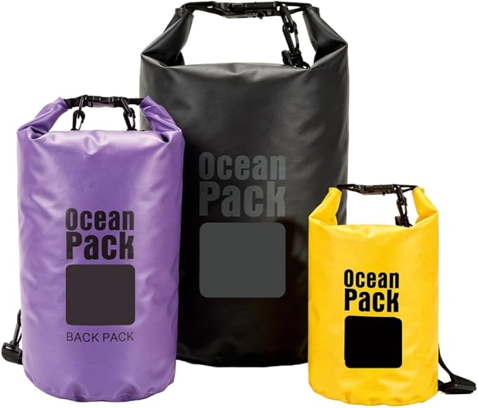 Waterproof Dry Bag Set of 3 – Roll Top Waterproof Bags 2L 5L 10L – 500D PVC Floating Dry Bags for Kayaking, Camping, Beach and Travel – Lightweight Compression Design