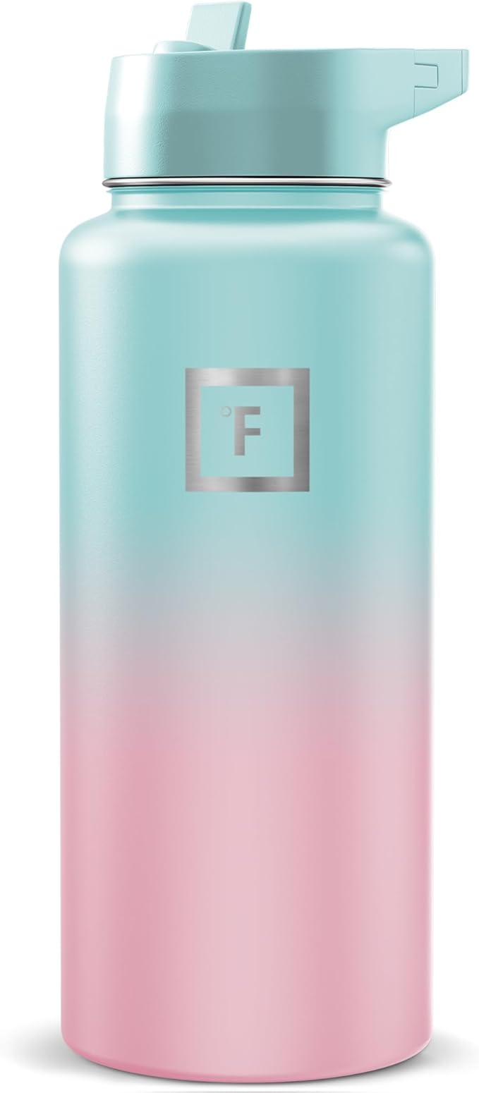 IRON °FLASK Camping & Hiking Hydration Flask with Straw, Wide Mouth Insulated Stainless Steel Sports Water Bottle - Bubble Gum 32 oz - Straw (1 Lid)