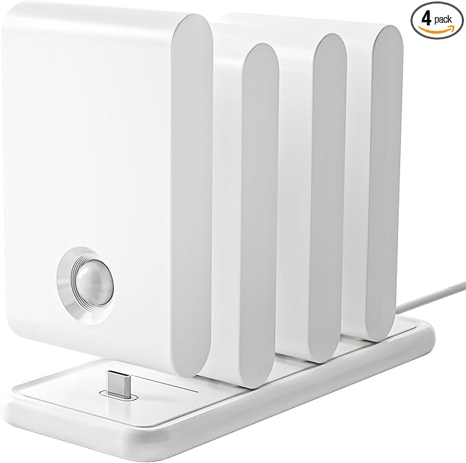 EZVALO Motion Sensor Stair Lights Indoor, Rechargeable Night Lights with Magnetic & Dimmable, Auto On/Off 3000K Soft White, Stick-On for Stairs, Hallway, Bathroom (4 Pack with Charging Station)