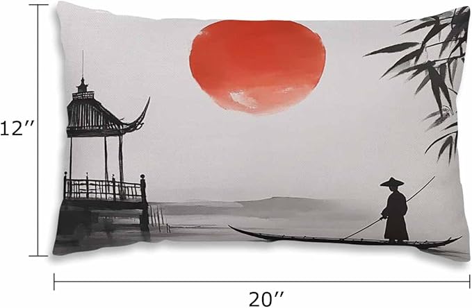 EKOBLA Throw Pillow Case 12x20 Inch Japan Traditional Japanese Painting Man with Boat Full Moon Cotton Linen Cushion Case for Sofa Couch 12x20 Inches