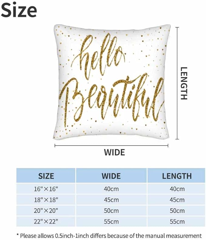 Hello Beautiful Bling Pillow Covers 18 X 18 Gold Glitter Motivational Quote Set of 2 Pillow Cases Square Velvet Outdoor Throw Cushion Pillowcases Decorative for Home Bed Sofa Couch Hotel