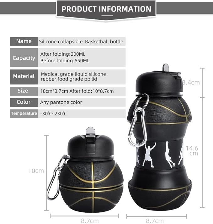 Louis Donné Silicone Collapsible Water Bottle, Toddler Water Bottle Black Basketball Style, Kids 19oz Water Bottle, Toys Gift for Kid Travel Accessories