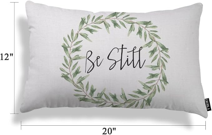 EKOBLA Rustic Be Still Rectangle Throw Pillow Case Green Olive Wreath Leaves Waist Lumber Cotton Linen Cushion Cover Oblong Rectangle Pillowcase for Men Women Home Decoration Bedroom 12x20 Inches