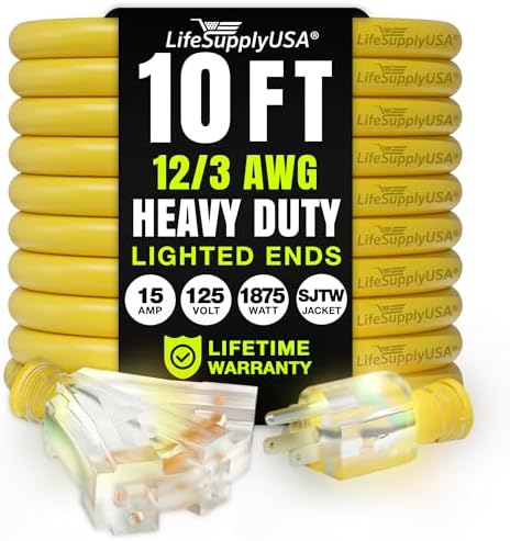 10ft Outdoor/Indoor Extension Cord 3-Outlet 12/3 Gauge Extra Heavy Duty 3 Prong SJTW, Waterproof, Flexible Cold-Resistant Long Power Cord,15A 125V 1875W, Yellow by LifeSupplyUSA