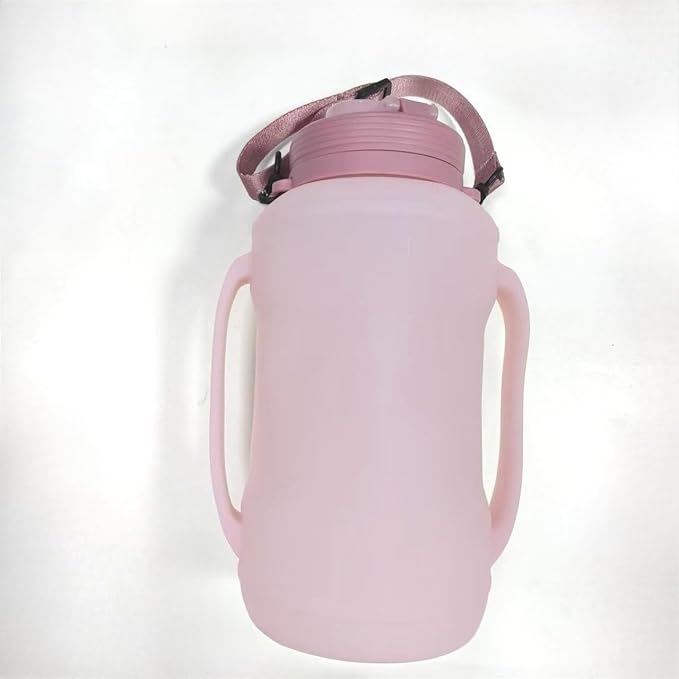 64oz Foldable Silicone Water Bottle with Straw, BPA-Free Motivational Time Marker, Leakproof Collapsible Water Jug with Handle for Gym, Sports, Camping & Outdoor Activities (Pink)