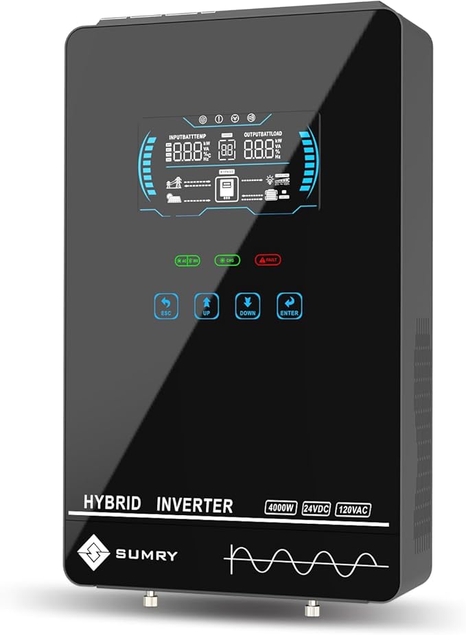 SUMRY Hybrid Solar Inverter, 4000W DC 24V to AC 120V Pure Sine Wave Power Converter, Glass Top Cover with LCD Display, 140A MPPT Charge Controller, Supports Battery-Less or AGM Lithium Battery
