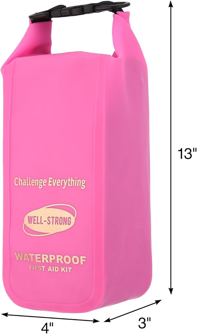 Boat First Aid Kit Waterproof, WELL-STRONG Marine Emergency Kit with Roll Top Dry Bag for Boating Fishing Kayaking – Water-Resistant Contents for Camping & Beach（Transparent Pink）