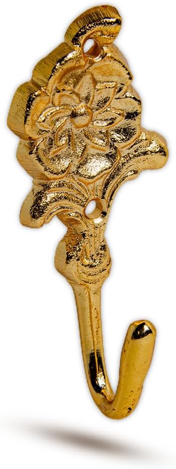 FAPBADRI Multipurpose Hooks, Used to Hang Clothes, Bags, Coats, Curtain Hold Backs, Keys, Colour - Full Gold, Material - Brass, Flower Design, Screws and Wallplugs Included, Pack of 2 Pieces