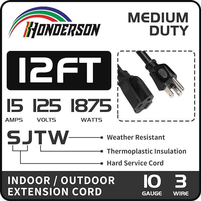 Indoor Outdoor Extension Cord Weatherproof, UL Certified, 10 Gauge 12FT Black 3 Prong Heavy Duty, 10/3 SJTW 15A Power Cord for Outdoor Lights, Appliances, Lawn
