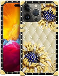 Compatible with iPhone 15 Pro Max Case, Sunflower Diamonds Leather Luxury Golden Decoration for Girl Women Soft TPU Shockproof Protective Hard PC Back for iPhone 15 Pro Max