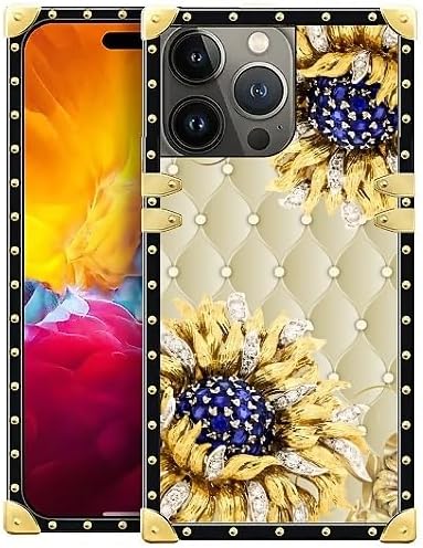 Compatible with iPhone 15 Pro Max Case, Sunflower Diamonds Leather Luxury Golden Decoration for Girl Women Soft TPU Shockproof Protective Hard PC Back for iPhone 15 Pro Max