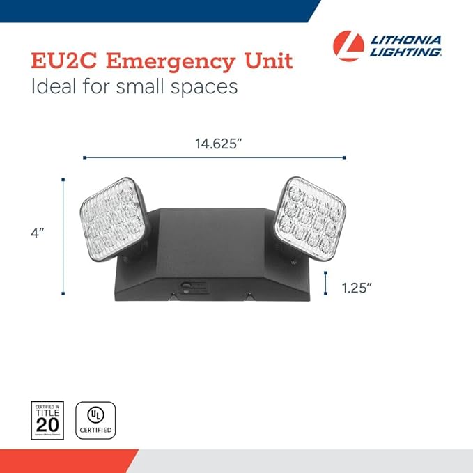 Lithonia Lighting Basics LED Emergency Light, Emergency Lighting with Dual Adjustable LED Lamp Heads, Wall Mount, Damp Location Rated, 90-Minute Backup, MVOLT, Black (EU2C B MVOLT M6)