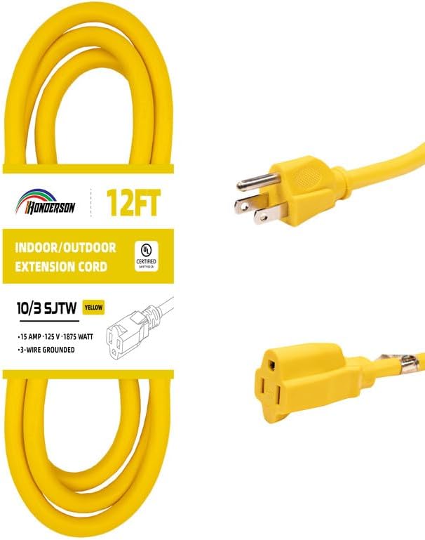 Indoor Outdoor Extension Cord Weatherproof, UL Certified, 10 Gauge 12FT Yellow 3 Prong Heavy Duty, 10/3 SJTW 15A Power Cord for Outdoor Lights, Appliances, Lawn