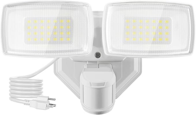Onforu 32W Plug in Motion Sensor Lights Outdoor, 3200LM Motion Flood Light Dusk to Dawn, IP65 Waterproof Led Security Light Outside, 2 Heads Motion Activated Wall Light for Garage, Porch, Yard - White