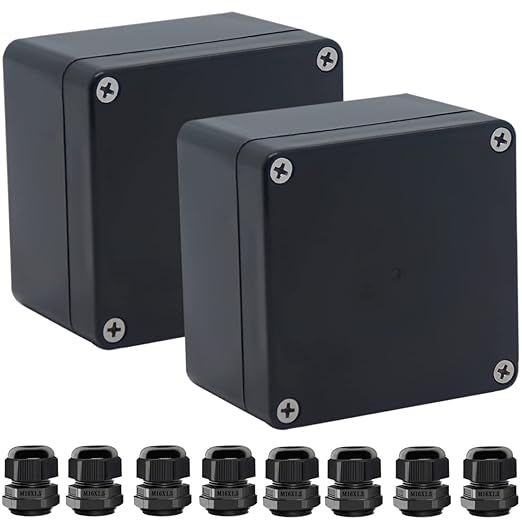 2 Packs Junction Box IP65 Waterproof ABS Plastic Electrical Project Case Power Junction Boxes, Project Box with 8 PCS M16 Cable Glands 3.27x3.19x2.2inch (83 x 81 x 56 mm)