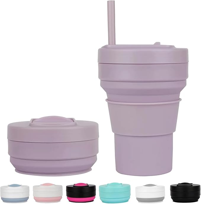12 Oz Silicone Collapsible Travel Cup,Portable Silicone Water Bottle for Hot and Cold Beverages, Reusable Folding Drinking Cup with Lids 350ml for Camp Hiking Travel with Straw - Purple