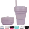 12 Oz Silicone Collapsible Travel Cup,Portable Silicone Water Bottle for Hot and Cold Beverages, Reusable Folding Drinking Cup with Lids 350ml for Camp Hiking Travel with Straw - Purple