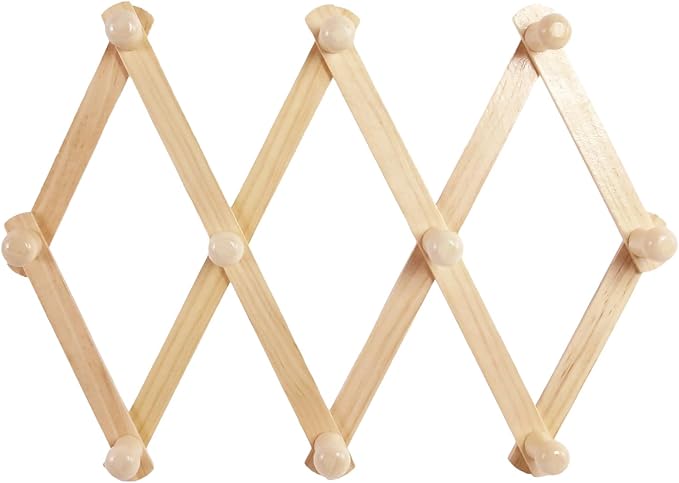 AMAPON Accordion Style Expandable Wall Wooden Coat Rack 10 Hooks (Pegs) Hang Hats Jackets Coffee Mug Purses Necklaces Towels Cap Leash Scarves Data Line Kitchenware