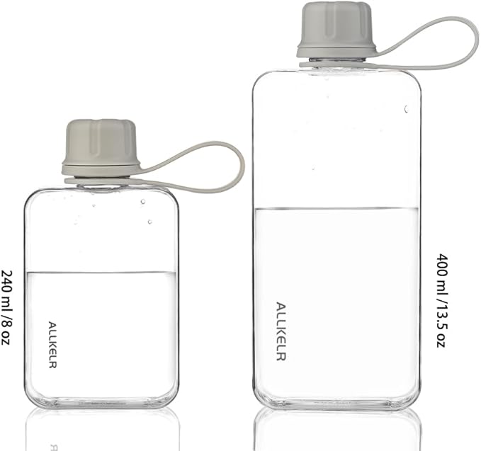 Portable Flat Water Bottle,BPA Free Reusable Tritan Plastic Travel Water Bottle Cup,Lightweight Leakproof Slim Water Bottles Fits Purse,Backpacking,Hiking (Gray, 13.5 oz)