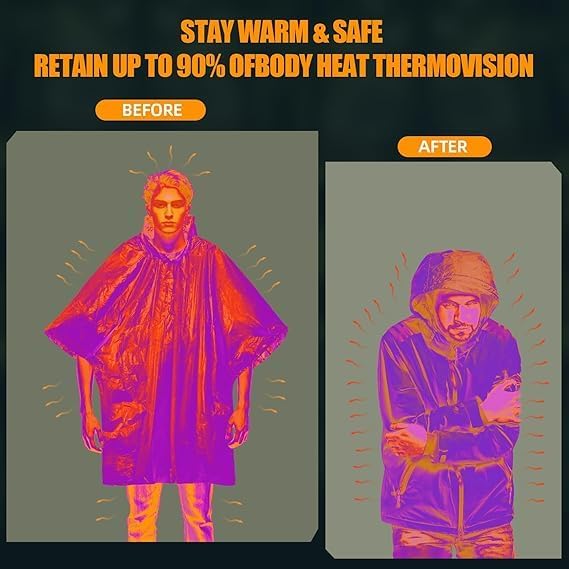 Emergency Survival Poncho (4pc) Thermal Mylar Foil Coating Blanket for Heat Retention and Rain | Reversible with Hood | Waterproof, Windproof, Portable | Green | 100x130cm