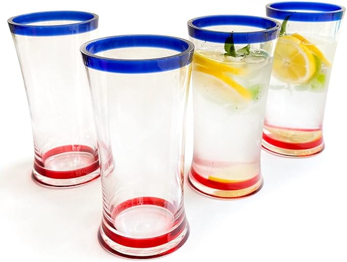 Lily's Home Unbreakable Acrylic Highball Tumblers - Set of 4, 18oz Shatterproof Plastic Cups with Cobalt Blue Rims, Reusable for Water, Juice & Cocktails - Ideal for Indoor & Outdoor Use