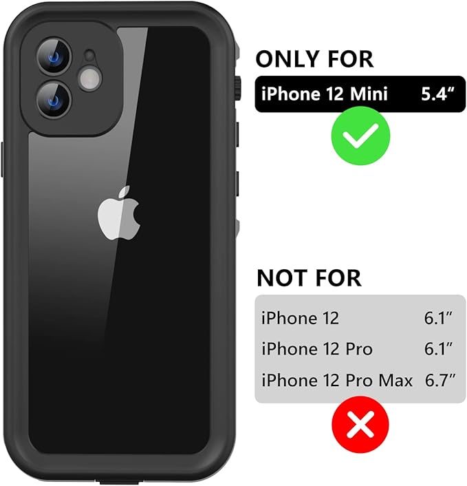 Protebox for iPhone 12 Mini Waterproof Case with Built-in Screen Protector, Shockproof Dustproof Full Body Protective IP68 Waterproof Phone Case for iPhone 12 Mini 5.4 inch (Black/Clear)