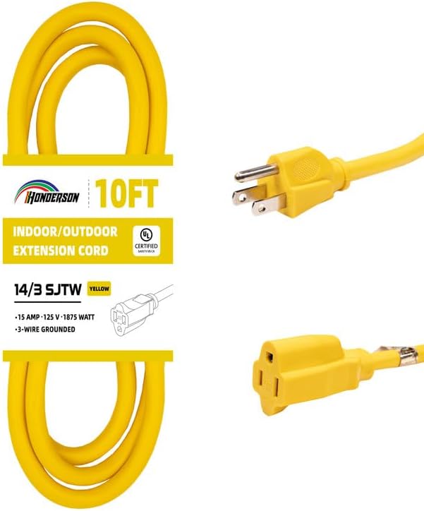 Indoor/Outdoor Extension Cord, 14 Gauge 10FT Yellow 3 Prong Heavy Duty, Weatherproof, UL Certified, 14/3 SJTW 15A Power Cord for Outdoor Lights, Appliances, Lawn